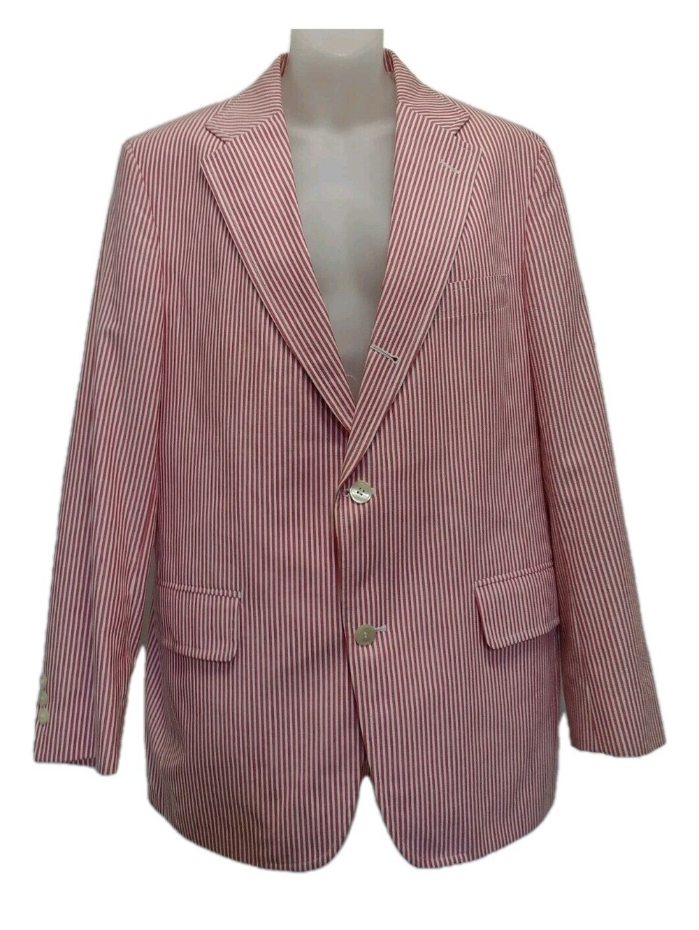 Vintage 80s Patrick James Seersucker Sport Coat Red White Stripe Preppy USA